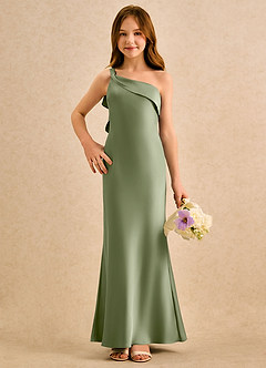 Azazie Almond Girls Formal Jurken voor bloemenmeisjes Kokerjurk Jurk van Stretch Satijn One-shoulder Pistache image4