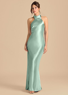 Azazie Velli 신부 들러리 드레스 쉬스 하이넥 메탈릭 새틴 바닥 길이 드레스 image4