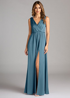 Azazie Tanicia 신부 들러리 드레스 A라인 주름진 스트레치 새틴 바닥 길이 드레스 image3