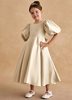Azazie Sugarplum Flower Girl Dresses Champagne A-Line with Sleeves Matte Satin Dress image4