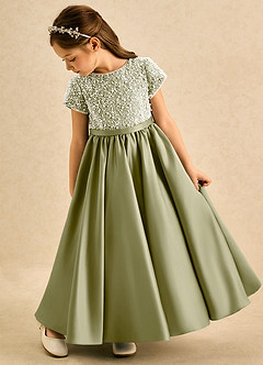 Azazie Cashew Flower Girl Dresses Moss Green Ball-Gown with Sleeves Matte Satin Dress image5