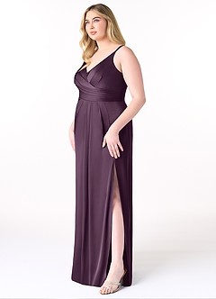 Azazie Aqua Bridesmaid Dresses Plum A-Line V-Neck Pleated Stretch Satin Dress image10