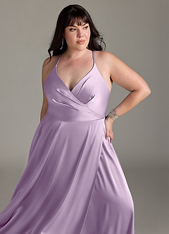 Azazie Davis Bridesmaid Dresses Frosted Lilac A-Line Pleated Stretch Satin Dress image11