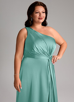 Azazie Brooke Bridesmaid Dresses Aqua A-Line One Shoulder Stretch Satin Dress image13