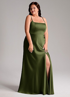 Azazie Lidia Bridesmaid Dresses Olive Mermaid Side Slit Stretch Satin Dress image5