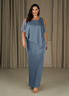 Azazie Aspyn Mère de la mariée Robes Robe Fourreau en Maille Perlé Bleu Poussiéreux image1