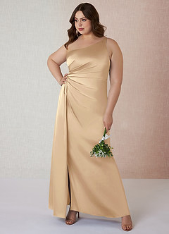 Azazie Mika Bridesmaid Dresses Champagne Sheath One Shoulder Stretch Satin Dress image8