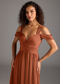 Azazie Lianne Bridesmaid Dresses Cedar Rose A-Line Off the Shoulder Stretch Satin Dress image3
