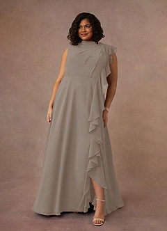 Azazie Narine Abiti per la Madre della Sposa Abito A-Line in Chiffon con Scollo Alto a Pieghe Taupe image7