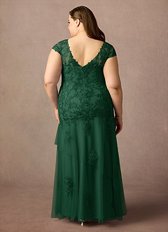 Azazie Romy vestidos de madre de la novia Vestido de Verde Oscuro de Tul de Sirena con Cuello en V Lentejuelas image8