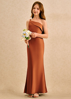 Azazie Almond Girls Formal Robe Demoiselle D'honneur Fillette Robe Fourreau en Satin extensible Une épaule Cannelle image3
