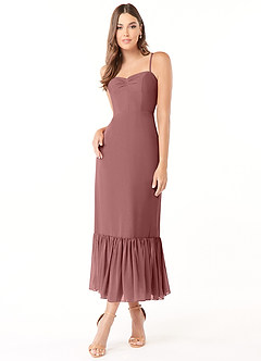 Azazie Justina Robes de demoiselle d'honneur Robe Trapèze en Mousseline de soie Encolure en Forme de Cœur Rose Du Désert image1