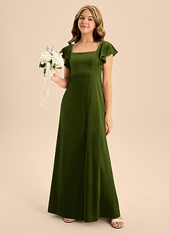 Azazie Bondi Junior Olive A-Line Bow Velvet Dress image4
