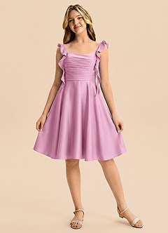 Azazie Kira Junior Vestido de Rosa Caramelo de Satén Elástico de Corte en A con Volante image6