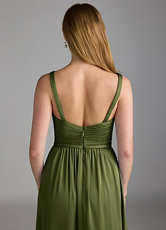 Azazie Chanel Bridesmaid Dresses Olive A-Line Pleated Stretch Satin Dress image4