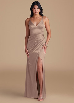 Azazie Shania Bridesmaid Dresses Taupe Sheath Pleated Metallic Satin Dress image1