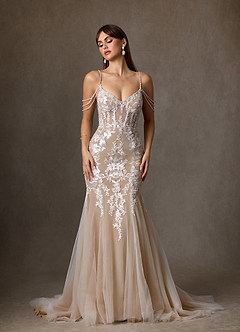 Azazie Denise Wedding Dresses Diamond White Nude Mermaid Sequins Tulle Dress image4