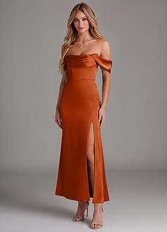 Azazie Saige 신부 들러리 드레스 인어 오프 더 숄더 스트레치 새틴 발목 길이 드레스 image1