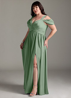 Azazie Lianne Robes de demoiselle d'honneur Robe Trapèze en Satin extensible Épaule décolletée Matcha image13