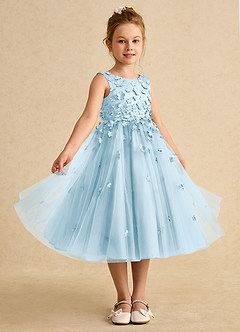 Azazie Lana Robe Demoiselle D'honneur Fillette Robe Trapèze en Mat Satiné Sans manches Bleu Ciel image5