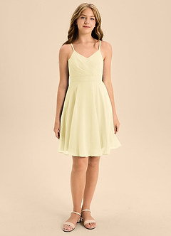 Azazie Avelina Junior Lemon Sorbet A-Line Pleated Chiffon Dress image4