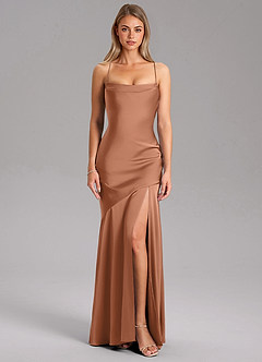 Azazie Grata Bridesmaid Dresses Bronzer Sheath Side Slit Stretch Satin Dress image3