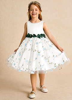 Azazie Starri Robe Demoiselle D'honneur Fillette Robe Princesse en Mat Satiné Perlé Bleu Ciel Vert Foncé image4