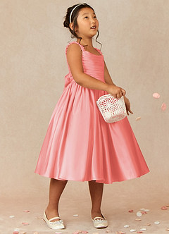 Azazie Cutie Pie Flower Girl Dresses Coral A-Line Pleated Matte Satin Dress image1