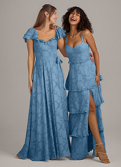Azazie Aricella Bridesmaid Dresses Steel Blue A-Line Corset Floral Burnout Dress image2