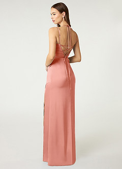 Azazie Desi Bridesmaid Dresses Coral Sheath Halter Corset Stretch Satin Dress image5