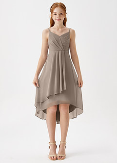 Azazie Mariam Junior Taupe A-Line Pleated Chiffon Dress image4