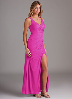 Azazie Leandra Bridesmaid Dresses Fuchsia Mermaid V-Neck Pleated Mesh Dress image4