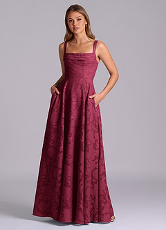 Azazie Shaude At-home Try On Dresses Burgundy A-Line Pleated Floral Burnout Dress image1