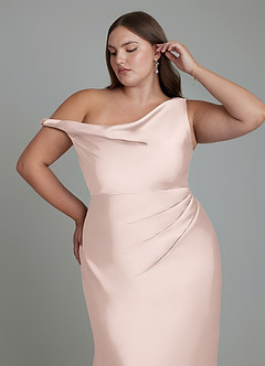 Azazie Emerson Bridesmaid Dresses Blushing Pink Mermaid Off the Shoulder Stretch Satin Dress image5