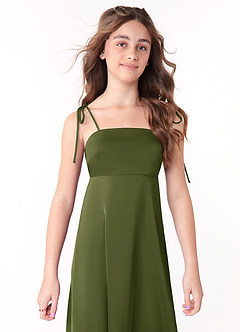 Azazie Violeta Junior Olive A-Line Bow Stretch Satin Dress image4