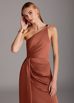 Azazie Mika Brautjungfernkleider Etui One-Shoulder Stretch-Satin Kleid Lehm image6