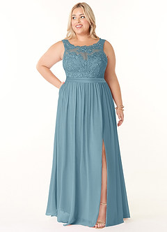 Azazie Elly Bridesmaid Dresses Moody Blue A-Line Lace Scoop Neck Chiffon Dress image7
