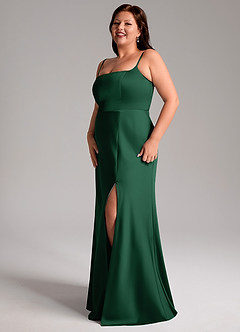Azazie Lidia Bridesmaid Dresses Dark Green Mermaid Side Slit Stretch Satin Dress image4