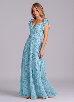 Azazie Leilani Bridesmaid Dresses Blue Fern Floral A-Line Pleated Chiffon Dress image4