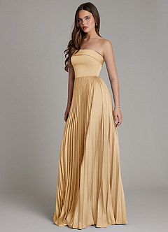 Azazie Mariana Bridesmaid Dresses Gold A-Line Pleated Stretch Satin Dress image6