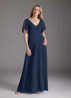 Azazie Alessa Mother of the Bride Dresses Dark Navy A-Line V-Neck Pleated Chiffon Dress image3