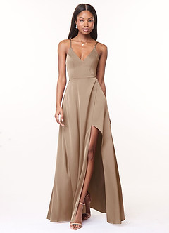 tan colored bridesmaid dresses Azazie Maksim Taupe Stretch Satin Bridesmaid Dresses