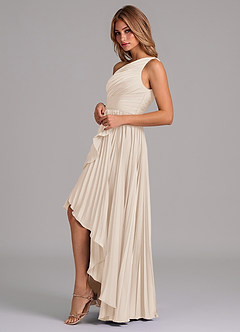 Azazie Lyrica 신부 들러리 드레스 A라인 한쪽 어깨 스트레치 새틴 비대칭 드레스 image5