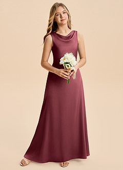 Azazie Kiki Junior Merlot A-Line Bow Stretch Satin Dress image1