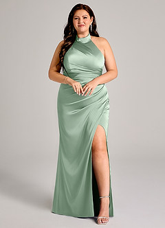 Azazie Jemma Jurken voor bruidsmeisjes Jurk van Stretch Satijn met Kolom Geplooid Agave image7