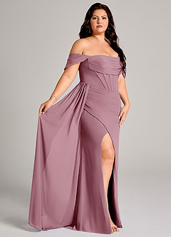 Azazie Amyra Bridesmaid Dresses Vintage Mauve Sheath Off the Shoulder Chiffon Convertible Dress image12