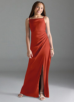 Azazie Leonis Junior Rust A-Line Pleated Stretch Satin Dress image1