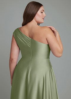 Azazie Melanie Jurken voor bruidsmeisjes Jurk van Stretch Satijn met A-lijn Off-shoulder Pistache image7
