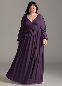 Azazie Norah Bridesmaid Dresses Plum A-Line V-Neck Long Sleeve Chiffon Dress image6