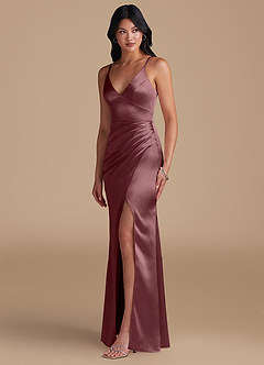 Azazie Shania Bridesmaid Dresses Vintage Mauve Sheath Pleated Metallic Satin Dress image6